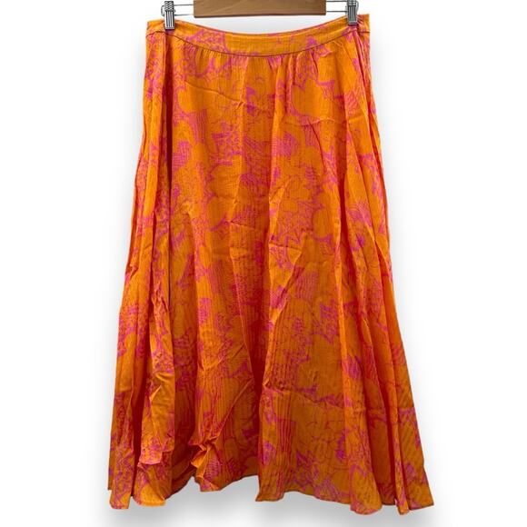 Tanya Taylor Jeana‎ Floral Pleated Midi Skirt in Ikat Flower Orange Sz 12 - Picture 5 of 9